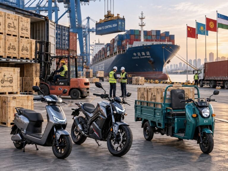 Electric motorcycles and a cargo tricycle in a China-to-Central-Asia export illustration